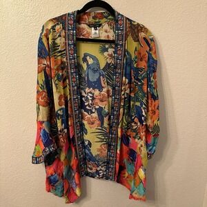 John Mark Floral Embroidered Open Front 3/4 Sleeve Kimono Jacket Sz XL Resort